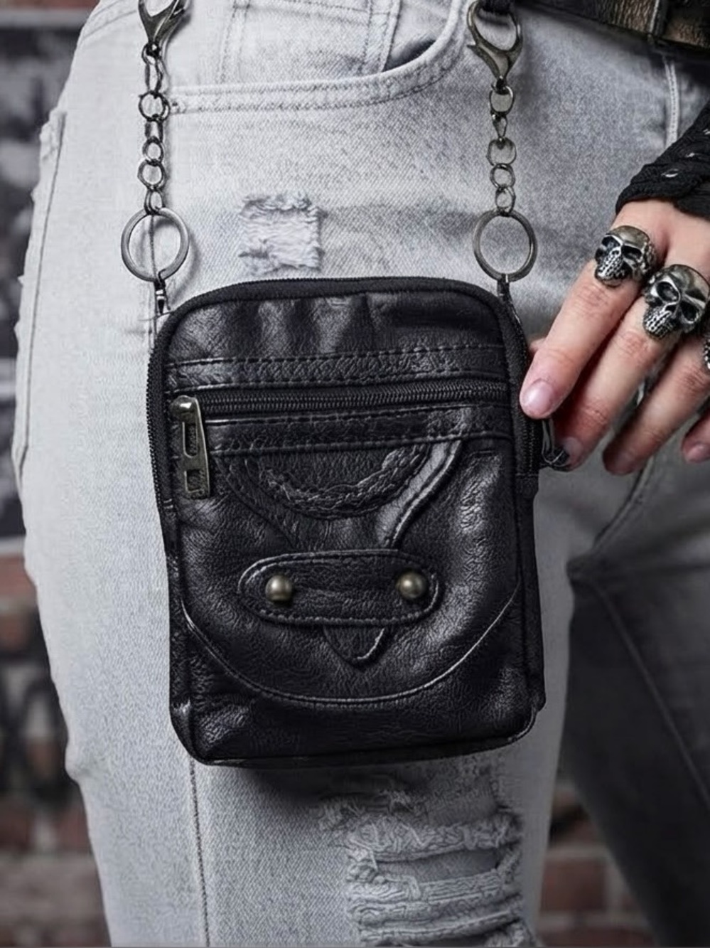 Biker Chic/Concerts/Festivals - Studded Mini Hip Pouch / Belt Loop Bag 5"x7"